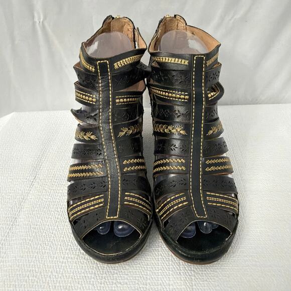 Pikolinos Java Sandals Womens 7 Gladiator Heel Leather Black Boho Ankle Zip 37 - Picture 2 of 10